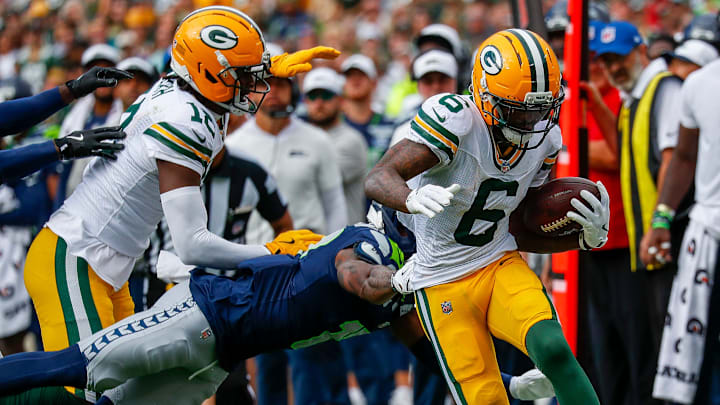 Green Bay Packers wide receiver Mecole Hardman (6) is roced out of bounds by Seattle Seahawks cornerback Keydrain Calligan (17) during their final preseason game on Saturday, August 23, 2025, at Lambeau Field in Green Bay, Wis. 
Tork Mason/USA TODAY NETWORK-Wisconsin