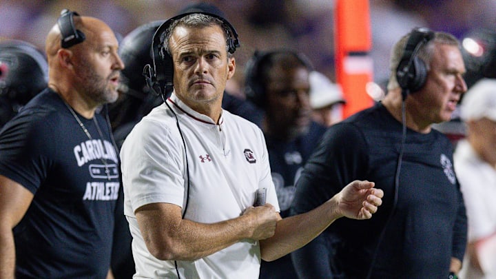 Oct 11, 2025; Baton Rouge, Louisiana, USA;  South Carolina Gamecocks head coach Shane Beamer looks on against the LSU Tigers during the first half at Tiger Stadium. Mandatory Credit: Stephen Lew-Imagn Images