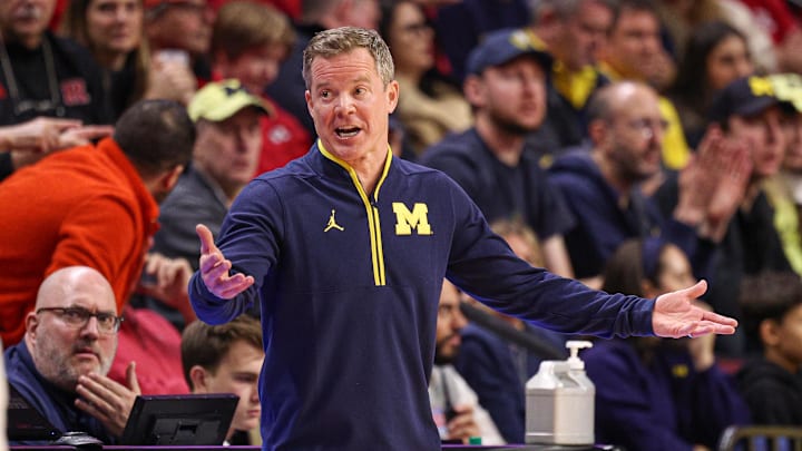 Michigan Wolverines head coach Dusty May reacts during the second half against the Rutgers Scarlet Knights at Jersey Mike's Arena.