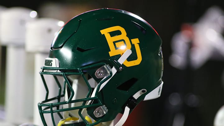 Oct 29, 2022; Lubbock, Texas, USA;  A general view of a Baylor Bears helmet on the bench in the second half during the game against the Texas Tech Red Raiders at Jones AT&T Stadium and Cody Campbell Field. Mandatory Credit: Michael C. Johnson-Imagn Images
