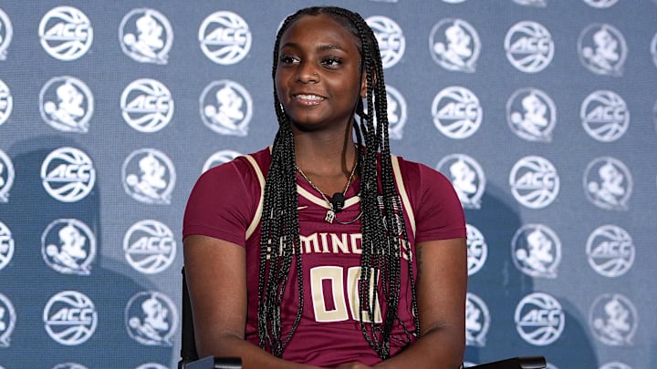 Oct 9, 2024; Charlotte, NC, USA; Florida State player Ta'Niya Latson during ACC Media Days at The Hilton Charlotte Uptown. Mandatory Credit: Jim Dedmon-Imagn Images