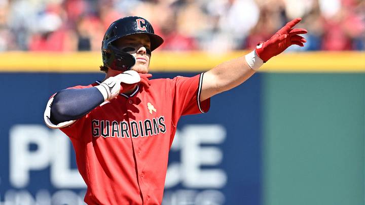 Sep 6, 2026; Cleveland, Ohio, USA; Cleveland Guardians second baseman Travis Bazzana (37) celebrates after hitting an RBI double during the first inning against the Detroit Tigers at Progressive Field. Mandatory Credit: Ken Blaze-Imagn Images Sep 6, 2026; Cleveland, Ohio, USA; Cleveland Guardians second baseman Travis Bazzana (37) celebrates after hitting an RBI double during the first inning against the Detroit Tigers at Progressive Field. Mandatory Credit: Ken Blaze-Imagn Images