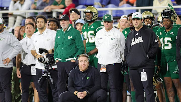 Dec 21, 2023; Boca Raton, FL, USA;  South Florida Bulls head coach Alex Golesh looks on as time expires against the Syracuse Orange in the fourth quarter during the RoofClaim.com Boca Raton Bowl at FAU Stadium. Mandatory Credit: Nathan Ray Seebeck-USA TODAY Sports