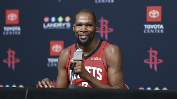 Sep 29, 2025; Houston, TX, USA;  Houston Rockets forward Kevin Durant (7) talks to media during Houston Rockets media day at Toyota Center. Mandatory Credit: Troy Taormina-Imagn Images