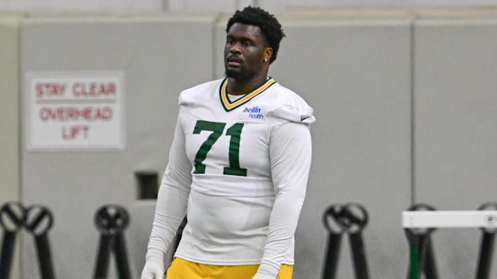 Jun 11, 2025; Green Bay, WI, USA;  Green Bay Packers offensive tackle Anthony Belton (71) participates in the team's minicamp at Ray Nitschke Field. 