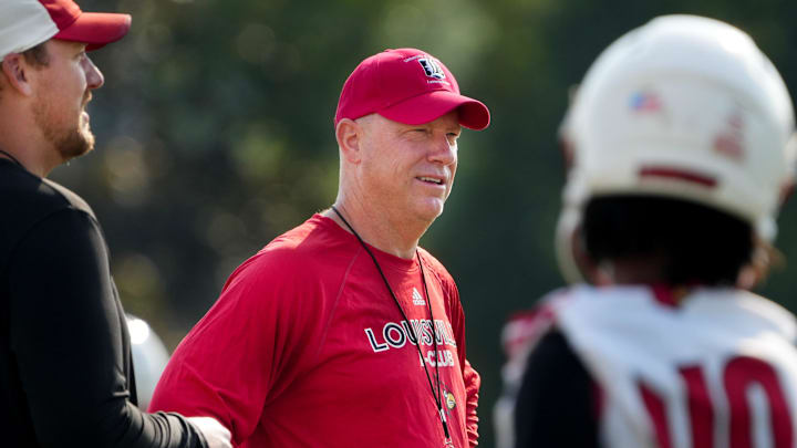 Louisville’s Jeff Brohm, Head Coach, during practice before the start of the 2025 football season.
