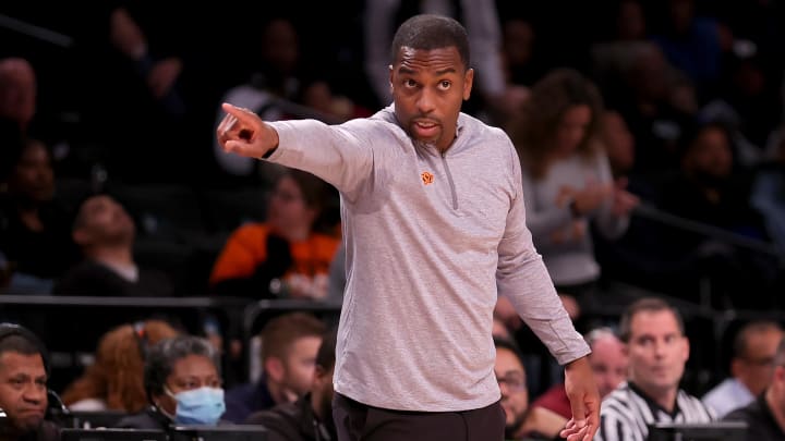 Nov 17, 2023; Brookyln, NY, USA; Oklahoma State Cowboys head coach Mike Boynton coaches against the