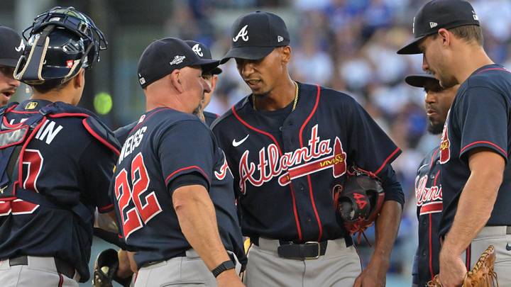 Oct 4, 2026; Los Angeles, California, USA;  Atlanta Braves manager Walt Weiss relieves pitcher Ray Kerr (62) during the third inning against the Los Angeles Dodgers in game two of the NLDS for the 2026 MLB Playoffs at Uniqlo Field at Dodger Stadium.  Mandatory Credit: Jayne Kamin-Oncea-Imagn Images
