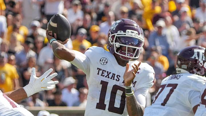 Oct 10, 2026; Columbia, Missouri, USA; Texas A&M Aggies quarterback Marcel Reed (10) throws a pass against the Missouri Tigers during the second half of the game at Faurot Field at Memorial Stadium. Mandatory Credit: Denny Medley-Imagn Images