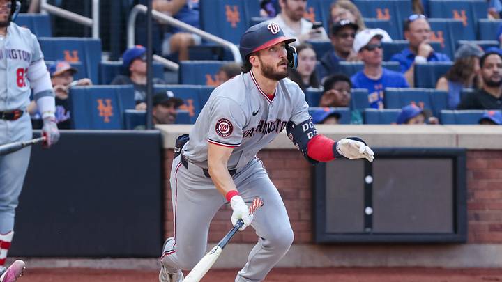 Aug 15, 2026; New York City, New York, USA; Washington Nationals right fielder Dylan Crews (3) at bat against the New York Mets during the sixth inning at Citi Field. Mandatory Credit: Tom Horak-Imagn Images