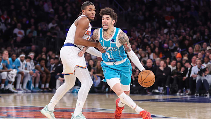 Dec 3, 2025; New York, New York, USA; Charlotte Hornets guard LaMelo Ball (1) drives against New York Knicks guard Miles McBride (2) in the second quarter at Madison Square Garden. Mandatory Credit: Wendell Cruz-Imagn Images Dec 3, 2025; New York, New York, USA; Charlotte Hornets guard LaMelo Ball (1) drives against New York Knicks guard Miles McBride (2) in the second quarter at Madison Square Garden. Mandatory Credit: Wendell Cruz-Imagn Images