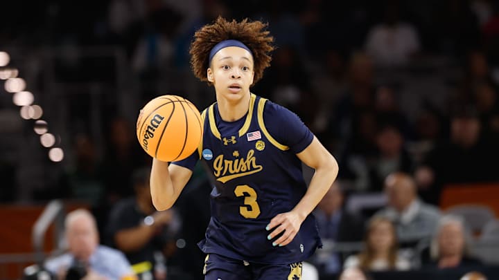 Mar 27, 2026; Fort Worth, TX, USA; Notre Dame Fighting Irish guard Hannah Hidalgo (3) dribbles the ball upcourt during the first half at Dickies Arena. Mandatory Credit: Chris Jones-Imagn Images Mar 27, 2026; Fort Worth, TX, USA; Notre Dame Fighting Irish guard Hannah Hidalgo (3) dribbles the ball upcourt during the first half at Dickies Arena. Mandatory Credit: Chris Jones-Imagn Images