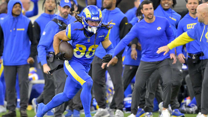 Jan 5, 2025; Inglewood, California, USA; Los Angeles Rams wide receiver Jordan Whittington (88) runs down the sideline for a 50 yard gain in the second half against the Seattle Seahawks at SoFi Stadium. Mandatory Credit: Jayne Kamin-Oncea-Imagn Images Jan 5, 2025; Inglewood, California, USA; Los Angeles Rams wide receiver Jordan Whittington (88) runs down the sideline for a 50 yard gain in the second half against the Seattle Seahawks at SoFi Stadium. Mandatory Credit: Jayne Kamin-Oncea-Imagn Images