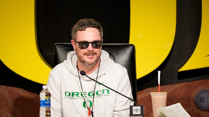 Oregon head coach Dan Lanning speaks from the podium at the Hatfield-Dowlin Complex on the first day of spring practice for the Oregon Ducks on March 12, 2026, in Eugene, Oregon.