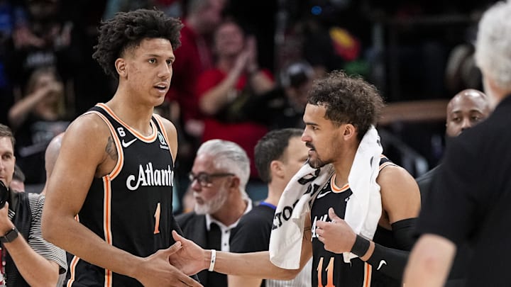 Apr 2, 2023; Atlanta, Georgia, USA; Atlanta Hawks forward Jalen Johnson (1) reacts with guard Trae Young (11) after defeating the Dallas Mavericks at State Farm Arena. Mandatory Credit: Dale Zanine-Imagn Images Apr 2, 2023; Atlanta, Georgia, USA; Atlanta Hawks forward Jalen Johnson (1) reacts with guard Trae Young (11) after defeating the Dallas Mavericks at State Farm Arena. Mandatory Credit: Dale Zanine-Imagn Images