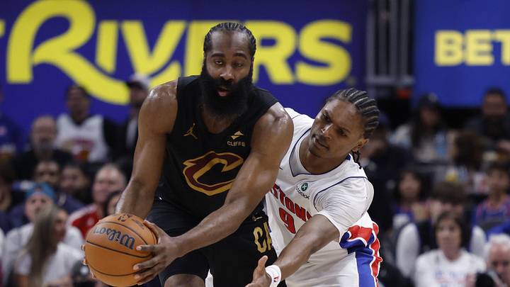 May 5, 2026; Detroit, Michigan, USA; Cleveland Cavaliers guard James Harden (1) is defended by Detroit Pistons guard Ausar Thompson (9) in the second half during game one of the second round of the 2026 NBA Playoffs at Little Caesars Arena. Mandatory Credit: Rick Osentoski-Imagn Images