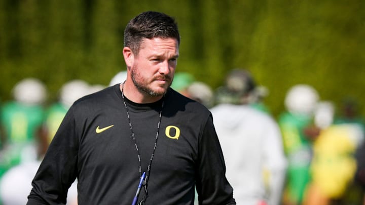 Oregon head coach Dan Lanning leads practice for the Ducks Wednesday, Aug. 23, 2023, in Eugene.