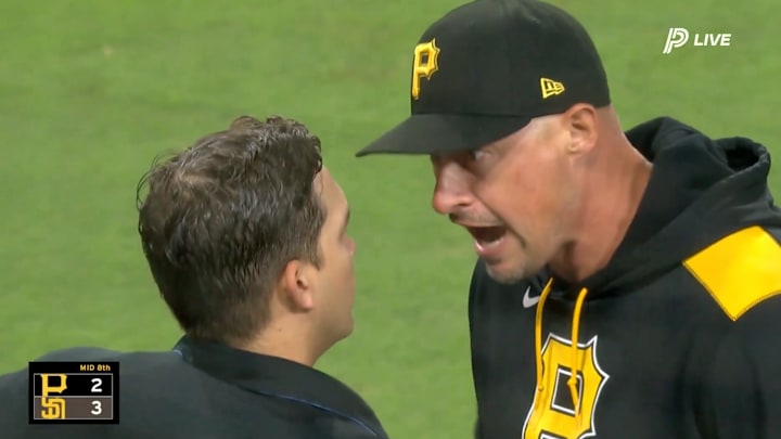 Pirates manager Kelly is ejected for arguing balls and strikes with home plate umpire Jimenez