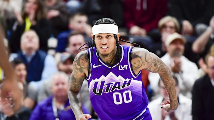 Mar 4, 2024; Salt Lake City, Utah, USA; Utah Jazz guard Jordan Clarkson (00) reacts after a basket