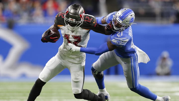 Dec 15, 2019; Detroit, MI, USA; Tampa Bay Buccaneers wide receiver Chris Godwin (12) stiff arms
