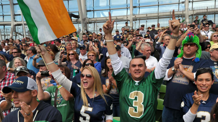 Sep 1, 2012; Dublin, IRELAND; Notre Dame fans celebrate before kickoff of the game between the Notre Dame Fighting Irish and the Navy Midshipmen at Aviva Stadium. Sep 1, 2012; Dublin, IRELAND; Notre Dame fans celebrate before kickoff of the game between the Notre Dame Fighting Irish and the Navy Midshipmen at Aviva Stadium.