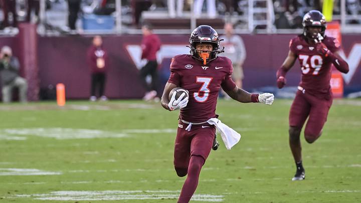 Oct 17, 2026; Blacksburg, Va.; Virginia Tech wide receiver Que'sean Brown (3) runs after a catch against Georgia Tech. Oct 17, 2026; Blacksburg, Va.; Virginia Tech wide receiver Que'sean Brown (3) runs after a catch against Georgia Tech.