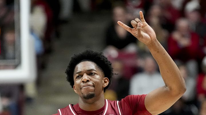 Jan 25, 2025; Tuscaloosa, AL, USA;  Alabama forward Mouhamed Dioubate (10) celebrates as he comes back to the offensive end of the floor at Coleman Coliseum. Alabama defeated LSU 80-73. Mandatory Credit: Gary Cosby Jr.- Imagn Images