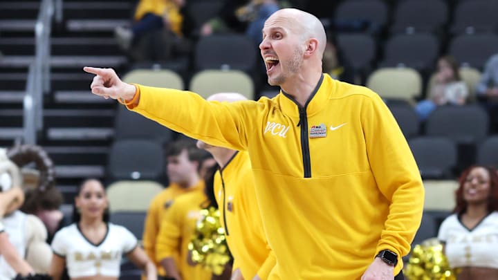 VCU Rams head coach Phil Martelli Jr. reacts on the sidelines against the Dayton Flyers during the first half in the Atlantic 10 Conference Tournament Championship game at PPG Paints Arena.