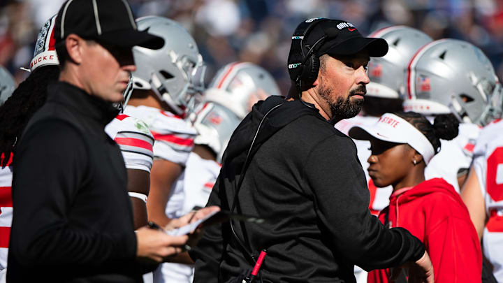 Ohio State head coach Ryan Day in the first half of an NCAA football game against Penn State, Saturday, Nov. 2, 2024, in State College, Pa. Ohio State head coach Ryan Day in the first half of an NCAA football game against Penn State, Saturday, Nov. 2, 2024, in State College, Pa.