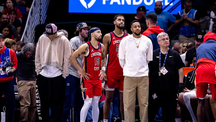 Nov 4, 2024; New Orleans, Louisiana, USA;  New Orleans Pelicans guard Jose Alvarado (15) and guard CJ McCollum (3) react to the end of the game against the Portland Trail Blazers at Smoothie King Center. Mandatory Credit: Stephen Lew-Imagn Images