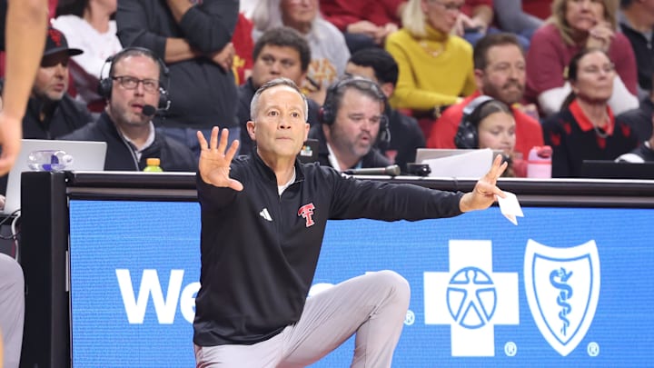 Feb 28, 2026; Ames, Iowa, USA; Texas Tech Red Raiders head coach Grant McCasland watches his team play the Iowa State Cyclones during the second half at James H. Hilton Coliseum. Mandatory Credit: Reese Strickland-Imagn Images