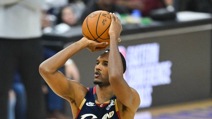 May 23, 2026; Cleveland, Ohio, USA; Cleveland Cavaliers forward Evan Mobley (4) shoots a free throw in the first quarter against the New York Knicks during game three of the eastern conference finals for the 2026 NBA playoffs at Rocket Arena. Mandatory Credit: David Richard-Imagn Images