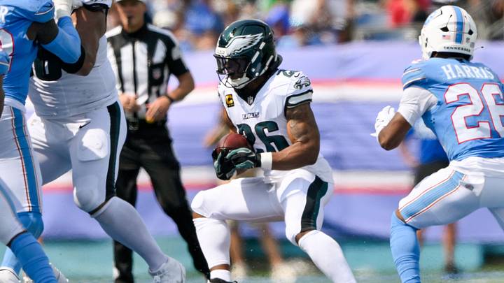 Sep 20, 2026; Nashville, Tennessee, USA; Philadelphia Eagles running back Saquon Barkley (26) runs with the ball against the Tennessee Titans during the second half at Nissan Stadium. 