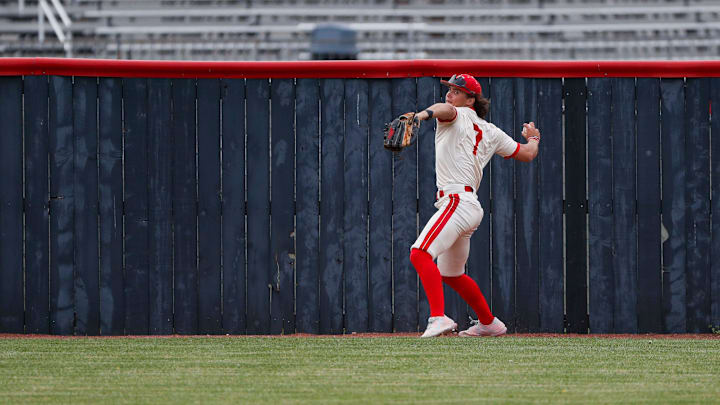 Nixa's Wyatt Vincent makes a throw to the infield as the Eagles took on the Joplin Eagles on Wednesday, April 16, 2025. Vincent was drafted by the New York Mets in the 11th round of the 2025 MLB Draft and told reporters after the draft that he intends for forego his college commitment to Missouri State and sign with the Mets.