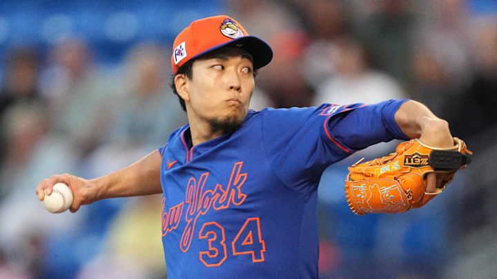 Mar 3, 2025; Port St. Lucie, Florida, USA;  New York Mets pitcher Kodai Senga (34) pitches in the first inning against the Miami Marlins at Clover Park. Mandatory Credit: Jim Rassol-Imagn Images