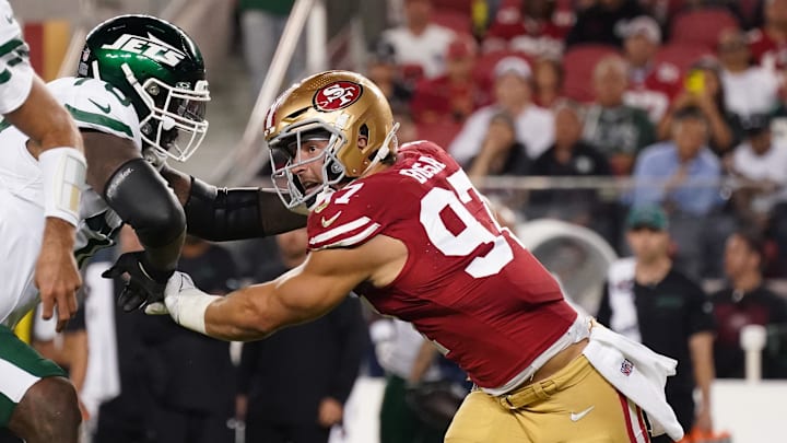 Sep 9, 2024; Santa Clara, California, USA; San Francisco 49ers defensive end Nick Bosa (97) rushes the quarterback in the fourth quarter against the New York Jets at Levi's Stadium. Mandatory Credit: David Gonzales-Imagn Images