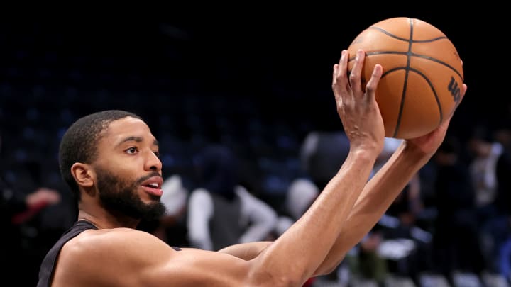 Apr 10, 2024; Brooklyn, New York, USA; Brooklyn Nets forward Mikal Bridges (1) warms up before a game against the Toronto Raptors at Barclays Center. Mandatory Credit: Brad Penner-USA TODAY Sports