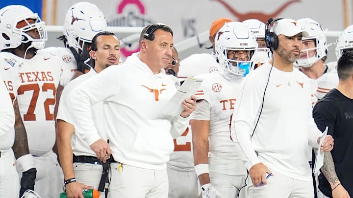 Texas Longhorns head coach Steve Sarkisian watches from the sideline during the first half of the Cotton Bowl Classic College Football Playoff semifinal game against the Ohio State Buckeyes at AT&T Stadium in Arlington, Texas on Jan. 10, 2025.