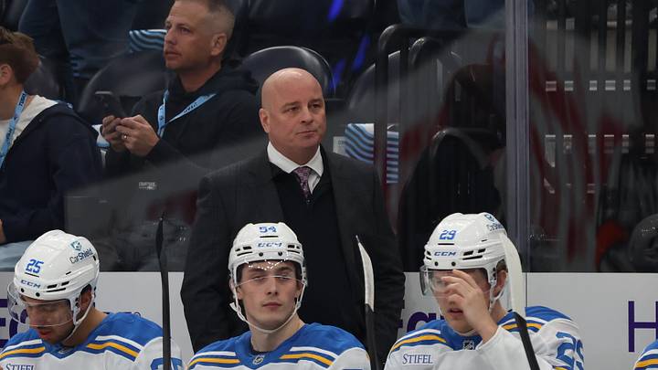 Apr 16, 2026; Salt Lake City, Utah, USA; St. Louis Blues head coach Jim Montgomery looks on during the first period of a game against the Utah Mammoth at Delta Center. Mandatory Credit: Rob Gray-Imagn Images Apr 16, 2026; Salt Lake City, Utah, USA; St. Louis Blues head coach Jim Montgomery looks on during the first period of a game against the Utah Mammoth at Delta Center. Mandatory Credit: Rob Gray-Imagn Images