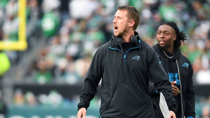 Dec 8, 2024; Philadelphia, Pennsylvania, USA; Carolina Panthers offensive coordinator Brad Idzik against the Philadelphia Eagles at Lincoln Financial Field. Mandatory Credit: Eric Hartline-Imagn Images Dec 8, 2024; Philadelphia, Pennsylvania, USA; Carolina Panthers offensive coordinator Brad Idzik against the Philadelphia Eagles at Lincoln Financial Field. Mandatory Credit: Eric Hartline-Imagn Images