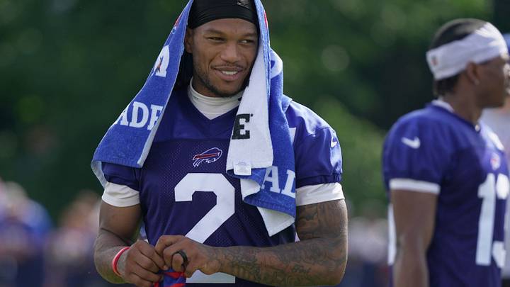 Buffalo Bills' WR D.J. Moore uses a towel to shield against the sun after Bills training camp at St. John Fisher University in Pittsford on Aug. 1, 2026. Buffalo Bills' WR D.J. Moore uses a towel to shield against the sun after Bills training camp at St. John Fisher University in Pittsford on Aug. 1, 2026.