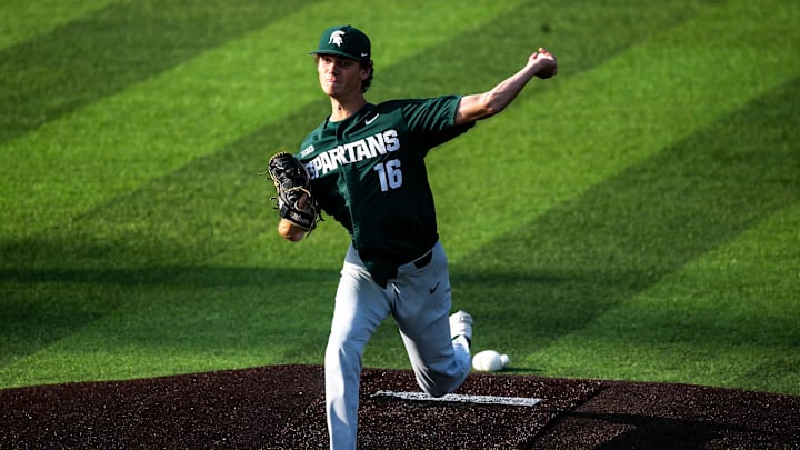 Michigan State's Joseph Dzierwa delivers a pitch during a NCAA Big Ten Conference baseball game against Iowa, Friday, May 12, 2023, at Duane Banks Field in Iowa City, Iowa.