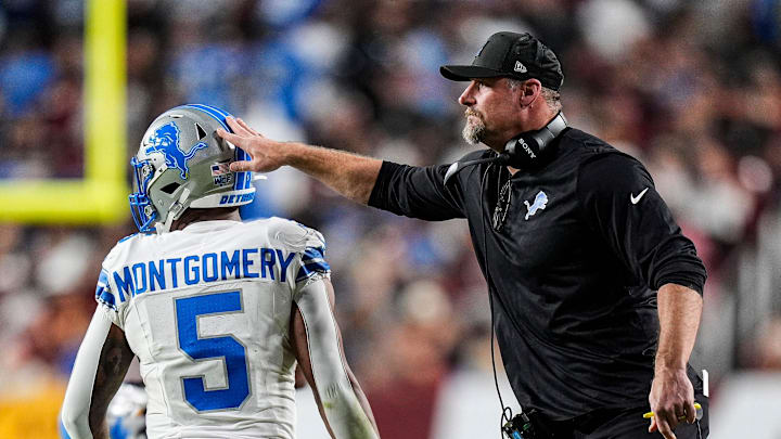 Detroit Lions head coach Dan Campbell celebrates a two point conversion against Washington Commanders scored by running back David Montgomery (5) during the first half at Northwest Stadium in Landover, Md. on Sunday, November 9, 2025. Detroit Lions head coach Dan Campbell celebrates a two point conversion against Washington Commanders scored by running back David Montgomery (5) during the first half at Northwest Stadium in Landover, Md. on Sunday, November 9, 2025.