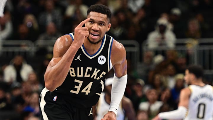 Milwaukee Bucks forward Giannis Antetokounmpo reacts in the second quarter against the Indiana Pacers at Fiserv Forum on November 22, 2024.