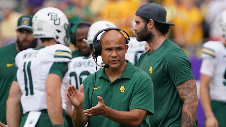Oct 18, 2025; Fort Worth, Texas, USA; Baylor Bears head coach Dave Aranda looks on from the sidelines during the second half of a game against the TCU Horned Frogs at Amon G. Carter Stadium. Mandatory Credit: Raymond Carlin III-Imagn Images Oct 18, 2025; Fort Worth, Texas, USA; Baylor Bears head coach Dave Aranda looks on from the sidelines during the second half of a game against the TCU Horned Frogs at Amon G. Carter Stadium. Mandatory Credit: Raymond Carlin III-Imagn Images