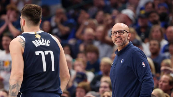 Jun 12, 2024; Dallas, Texas, USA; Dallas Mavericks head coach Jason Kidd looks on against the Boston Celtics during the second quarter during game three of the 2024 NBA Finals at American Airlines Center. Mandatory Credit: Kevin Jairaj-USA TODAY Sports Jun 12, 2024; Dallas, Texas, USA; Dallas Mavericks head coach Jason Kidd looks on against the Boston Celtics during the second quarter during game three of the 2024 NBA Finals at American Airlines Center. Mandatory Credit: Kevin Jairaj-USA TODAY Sports