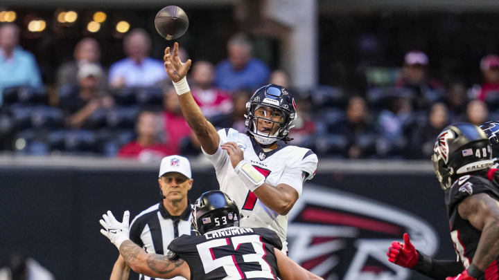 Oct 8, 2023; Atlanta, Georgia, USA; Houston Texans quarterback C.J. Stroud (7) passes against the Atlanta Falcons during the first half at Mercedes-Benz Stadium. Mandatory Credit: Dale Zanine-USA TODAY Sports Oct 8, 2023; Atlanta, Georgia, USA; Houston Texans quarterback C.J. Stroud (7) passes against the Atlanta Falcons during the first half at Mercedes-Benz Stadium. Mandatory Credit: Dale Zanine-USA TODAY Sports