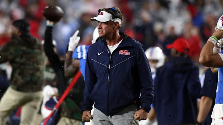 Nov 9, 2024; Oxford, Mississippi, USA; Mississippi Rebels head coach Lane Kiffin reacts during the second half  against the Georgia Bulldogs at Vaught-Hemingway Stadium. Mandatory Credit: Petre Thomas-Imagn Images