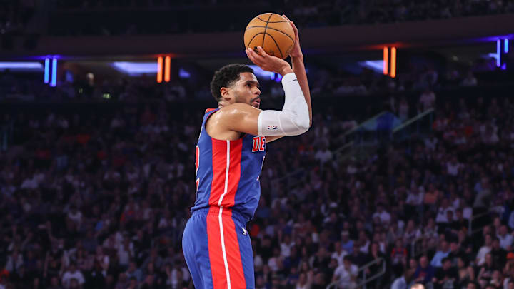 Apr 19, 2025; New York, New York, USA;  Detroit Pistons forward Tobias Harris (12) in Game One of the NBA Eastern Conference Playoffs at Madison Square Garden. Mandatory Credit: Wendell Cruz-Imagn Images