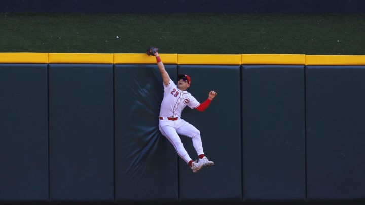 Aug 30, 2024; Cincinnati, Ohio, USA; Cincinnati Reds outfielder TJ Friedl (29) catches a fly out hit by Milwaukee Brewers first baseman Rhys Hoskins (not pictured) in the third inning at Great American Ball Park. Mandatory Credit: Katie Stratman-USA TODAY Sports Aug 30, 2024; Cincinnati, Ohio, USA; Cincinnati Reds outfielder TJ Friedl (29) catches a fly out hit by Milwaukee Brewers first baseman Rhys Hoskins (not pictured) in the third inning at Great American Ball Park. Mandatory Credit: Katie Stratman-USA TODAY Sports